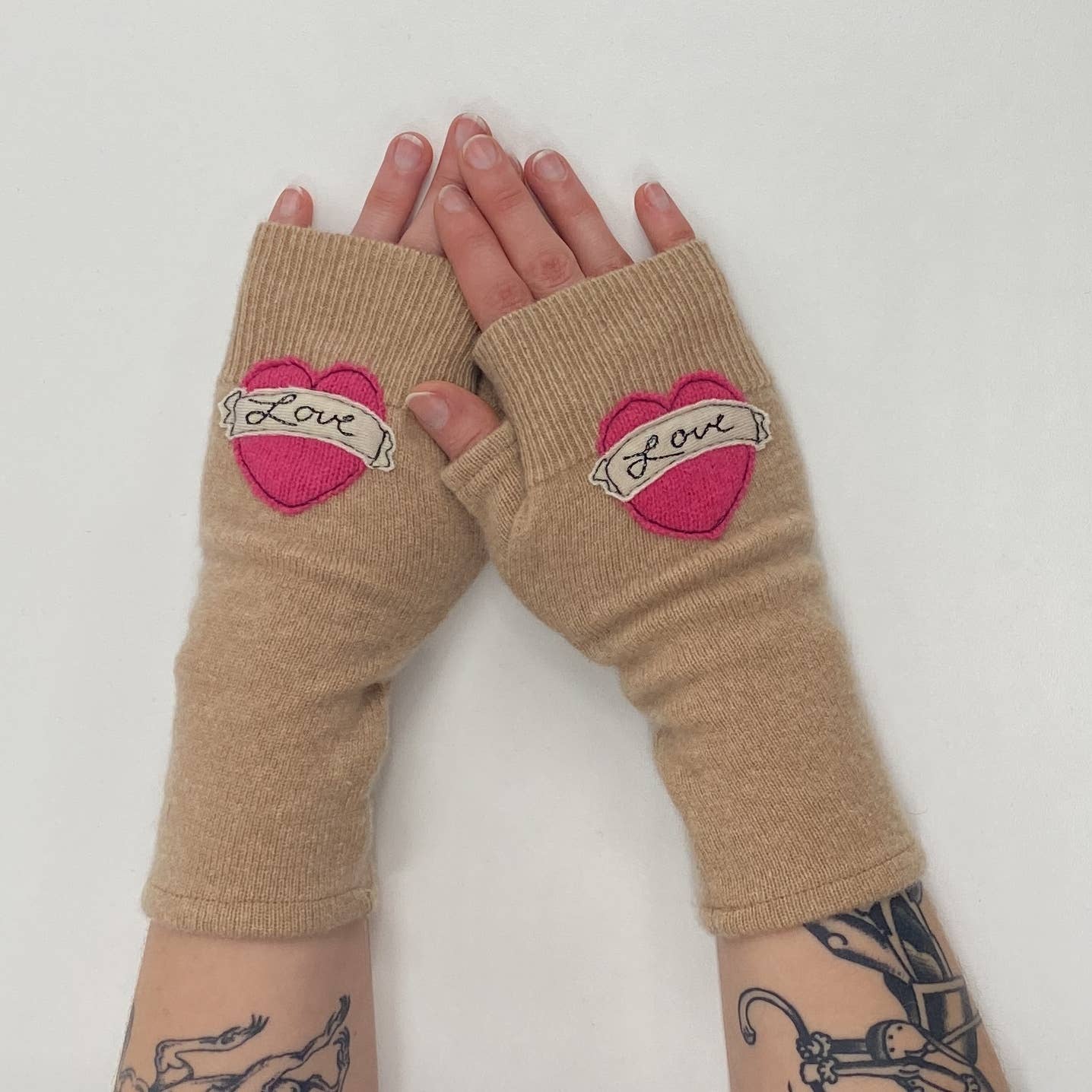 Fingerless Cashmere Gloves-Tattoo Heart Love