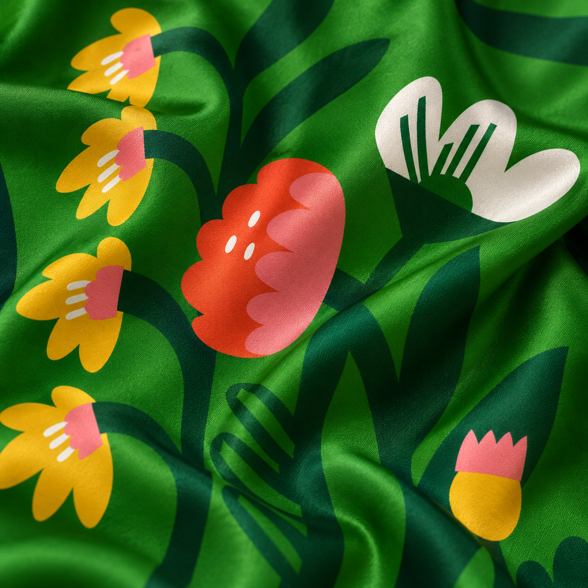 Green Cheerful Flowers | Silk Bandana | Women's Scarf