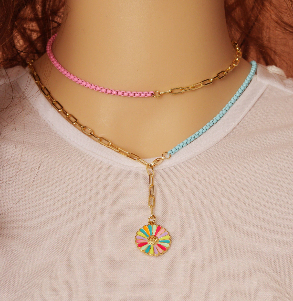 Gold Paperclip Colorful Enamel Box chain Necklace, sku#EF195: 14 Seafoam light Blue