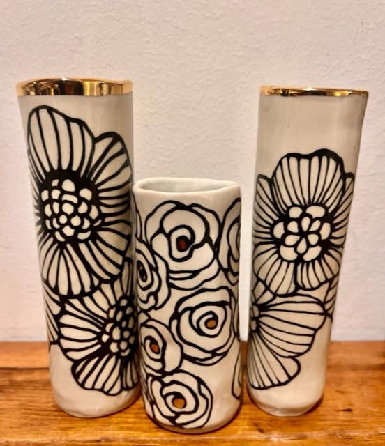 Handmade Ceramic Floral Med Cylinder Vase w/ 22K Gold Accent