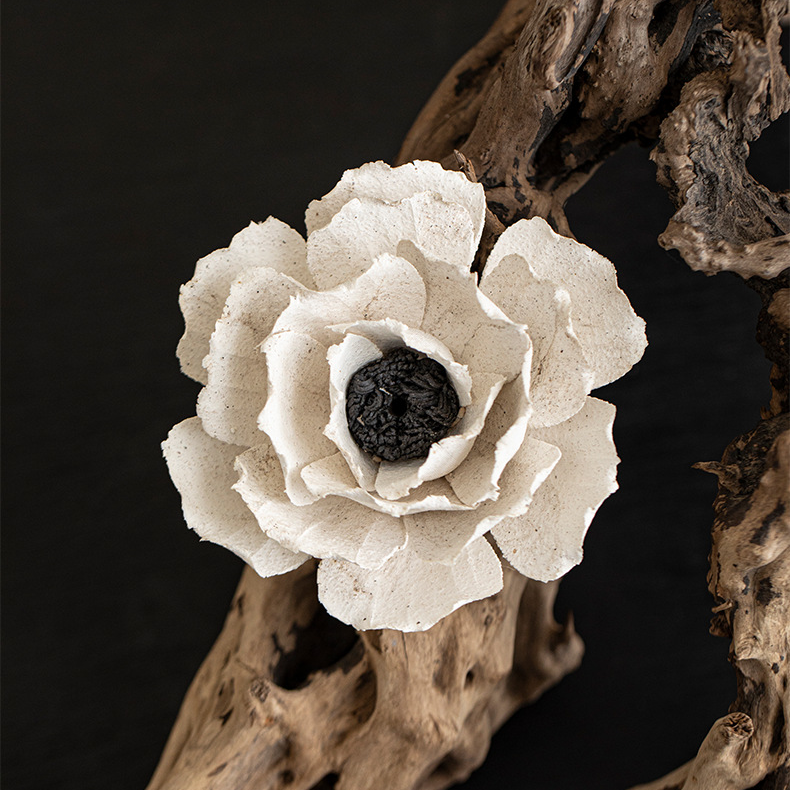 Hand Sculpted Ceramic Peony Flower Incense Holder: Cream