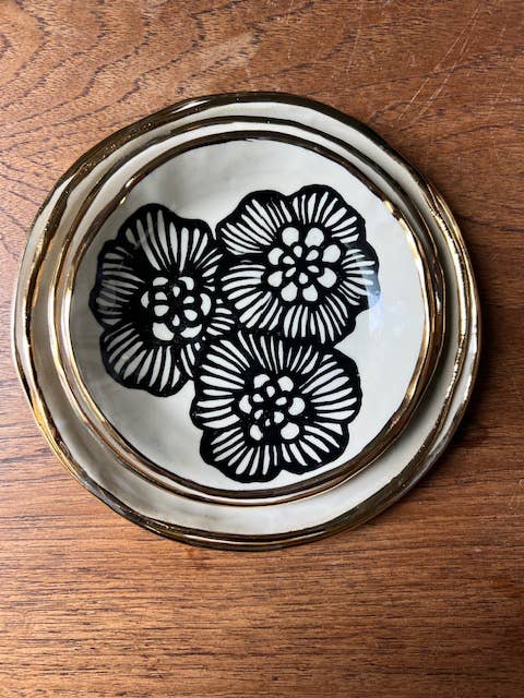 7" Handmade Floral Round Ceramic Dish with 22K Gold Accents