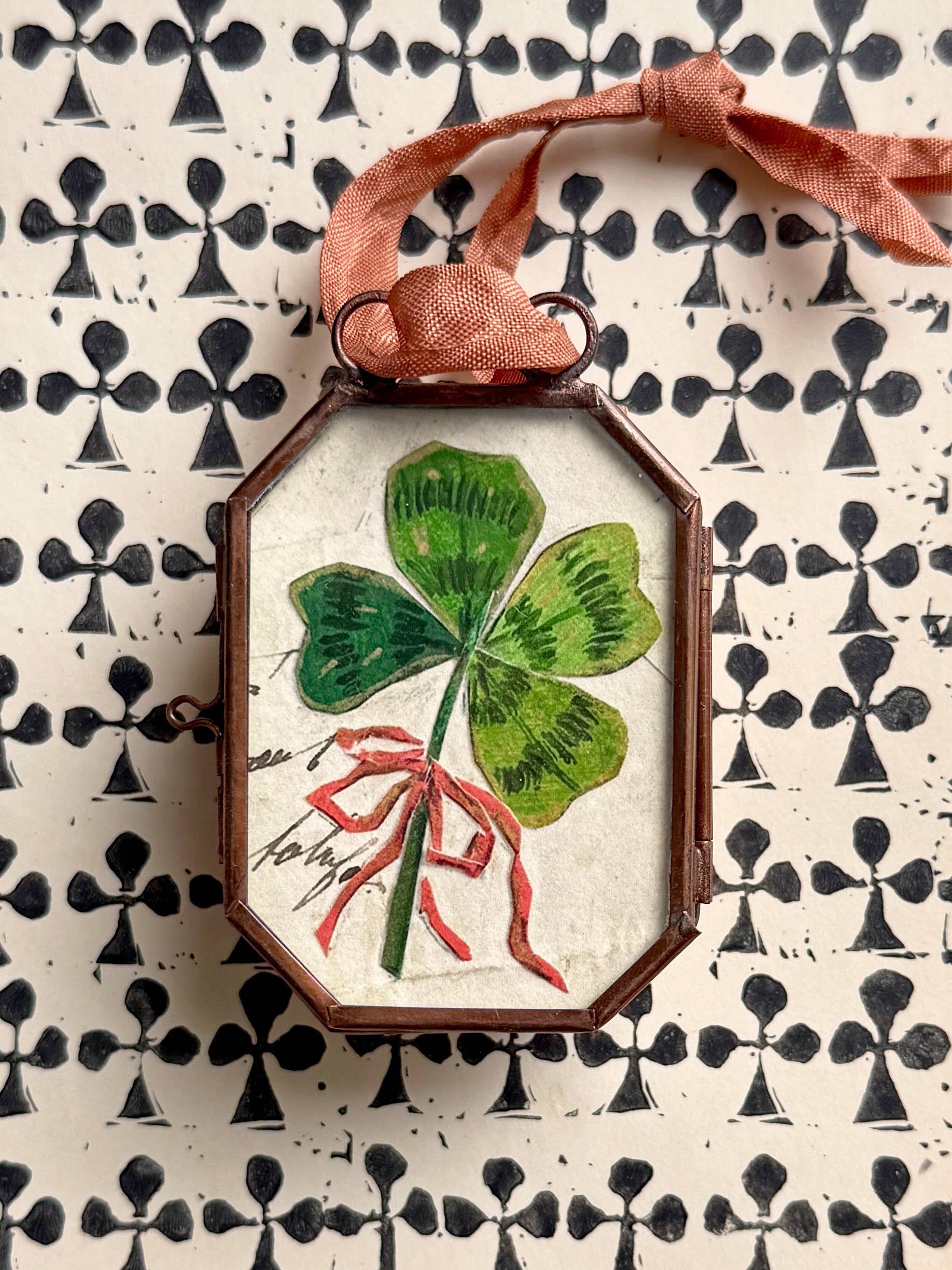 Clover with Bow ~ Lg. Art Locket Vintage Decor Handmade