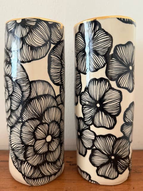 Handmade Large Ceramic Vase – Black Floral & 22K Gold Accent