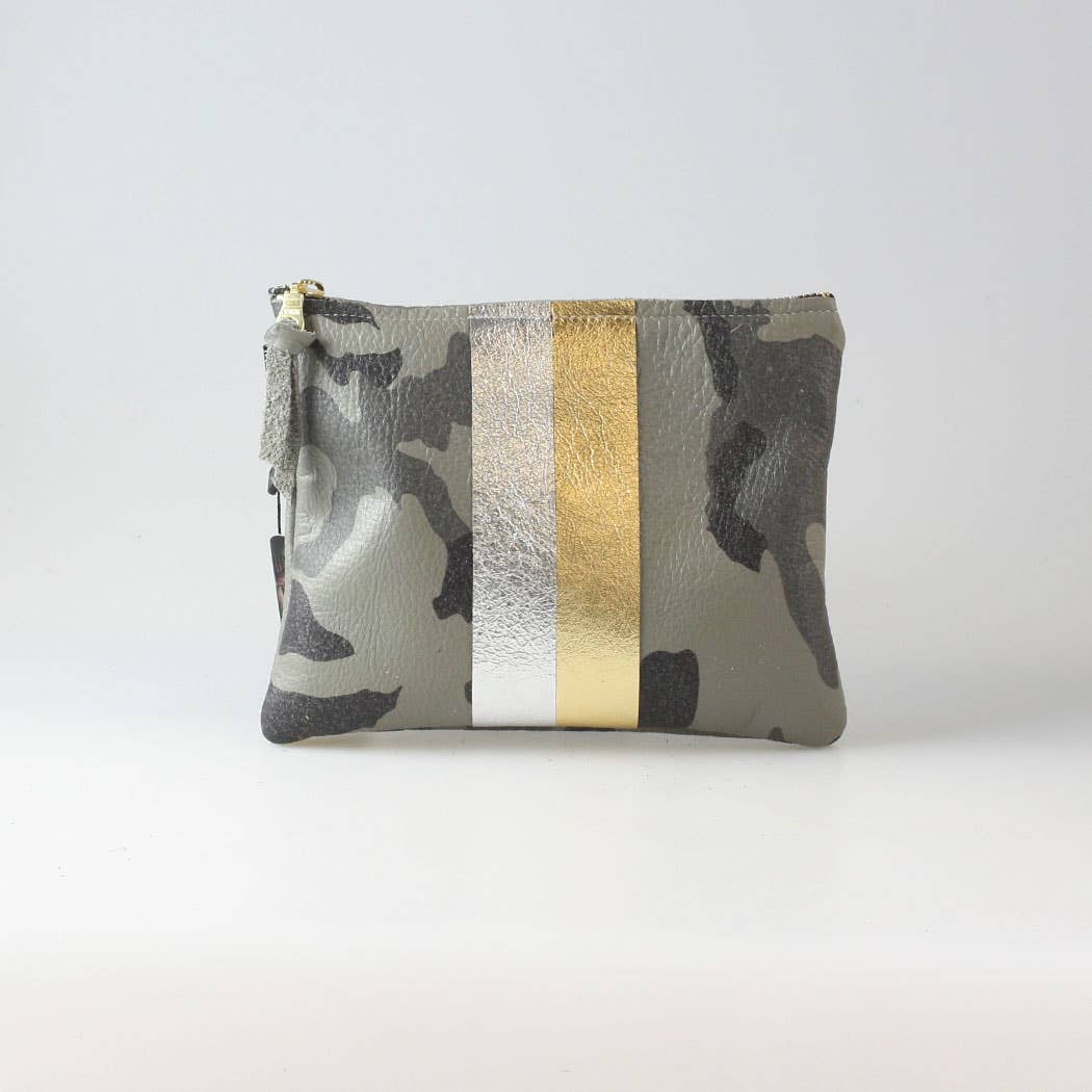 The Two Stripe Monroe: Navy Camo Bag with Silver-Sapphire stripes