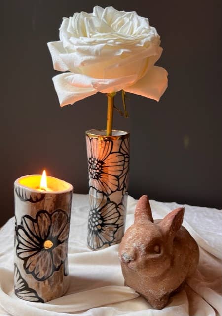 Handmade Ceramic Floral Med Cylinder Vase w/ 22K Gold Accent