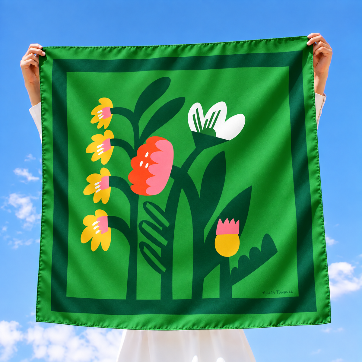 Green Cheerful Flowers | Silk Bandana | Women's Scarf
