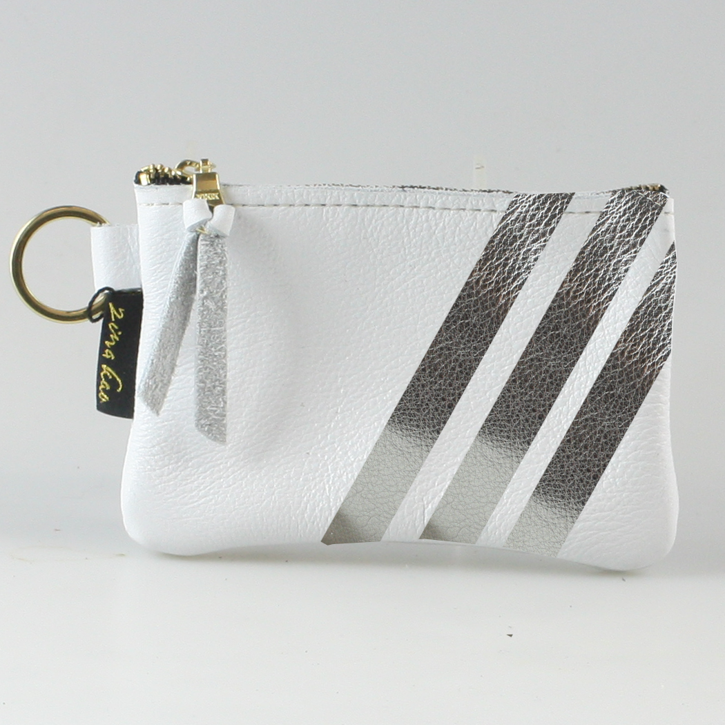 The Kara Wallet: 3 Side Stripes, Snow with Gunmetal Stripes - Lobster