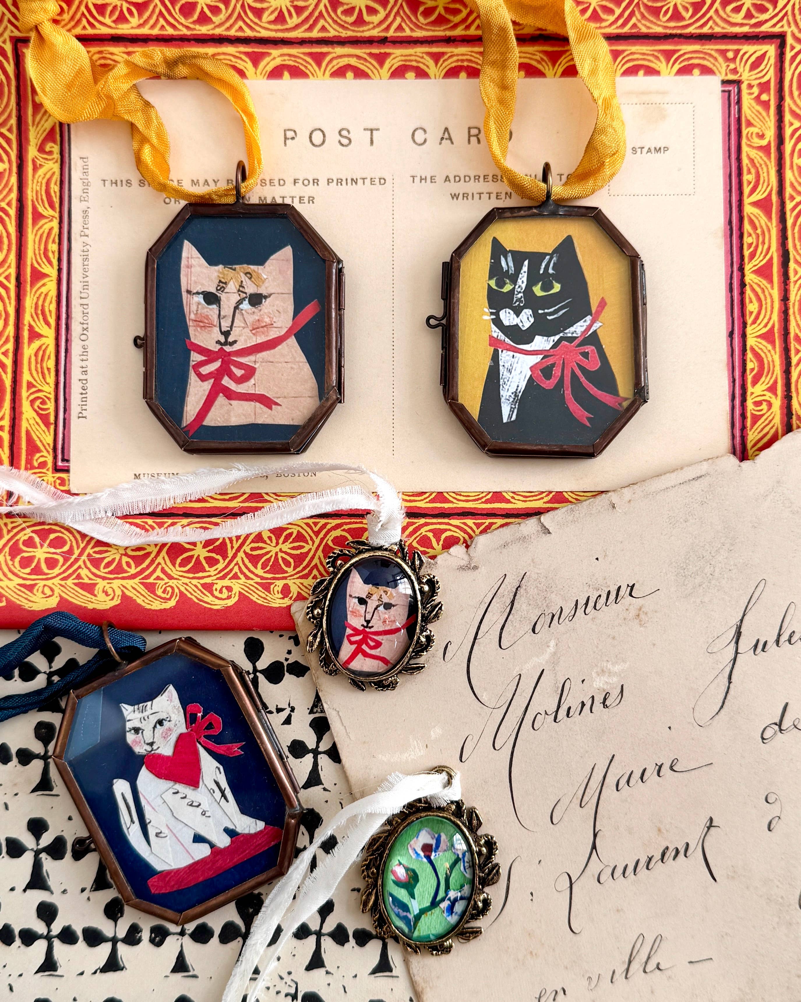 Kitty Love ~ Art Locket Cat Vintage Ornament Handmade 