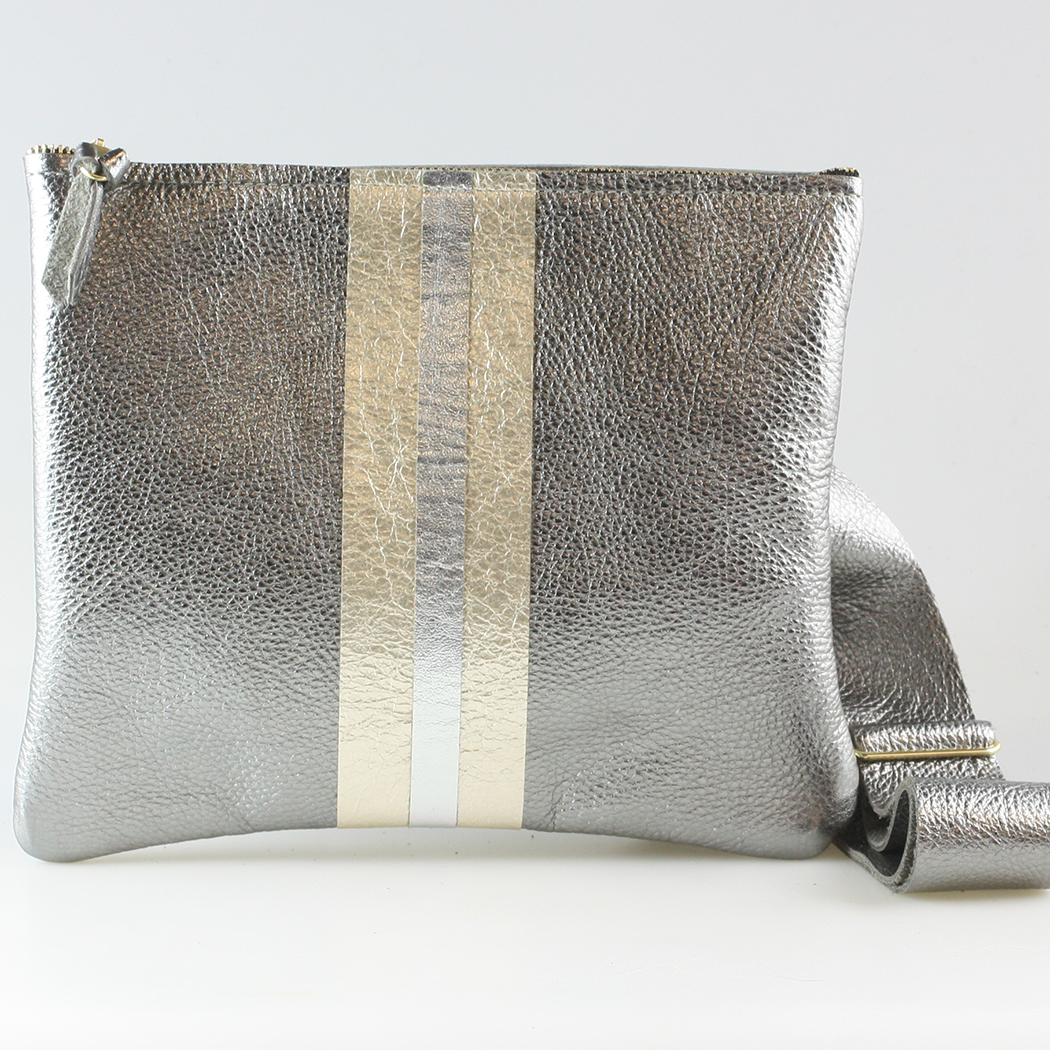 The METALLIC Stripe Taylor: Jet: Layered stripe Gunmetal/Pewter / Unlined / 9"x7.5