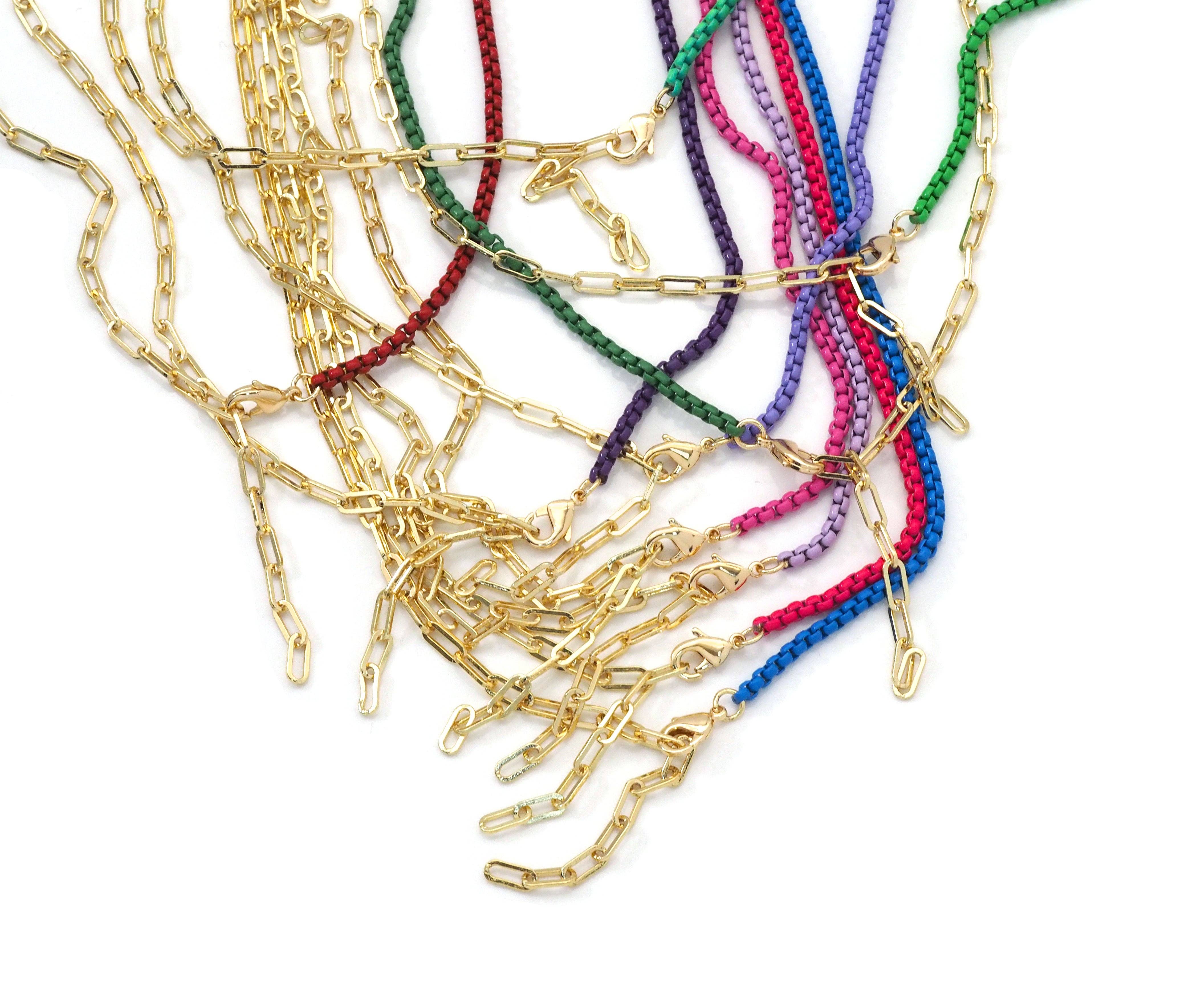 Gold Paperclip Colorful Enamel Box chain Necklace, sku#EF195: 14 Seafoam light Blue