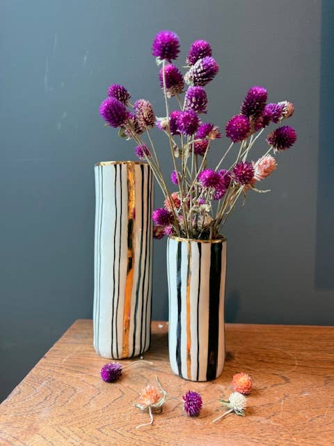 Handmade Heirloom Stripe Lg Ceramic Floral Cylinder Vase 22K