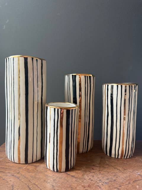 Striped 4" Small Handmade Ceramic Floral Cylinder Vase 22K