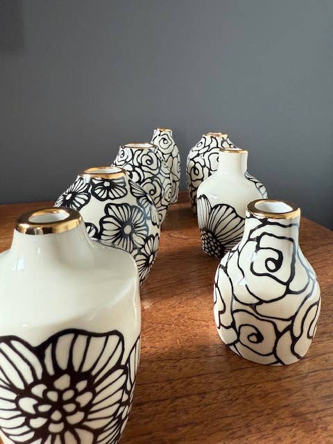 Tall Handmade Floral Ceramic Bud Vase w/ 22K Accents