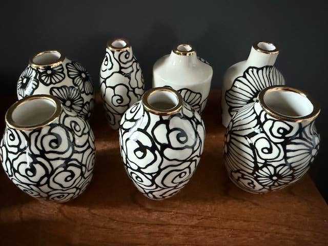 Small Handmade Floral Ceramic Bud Vase w/ 22K Accents
