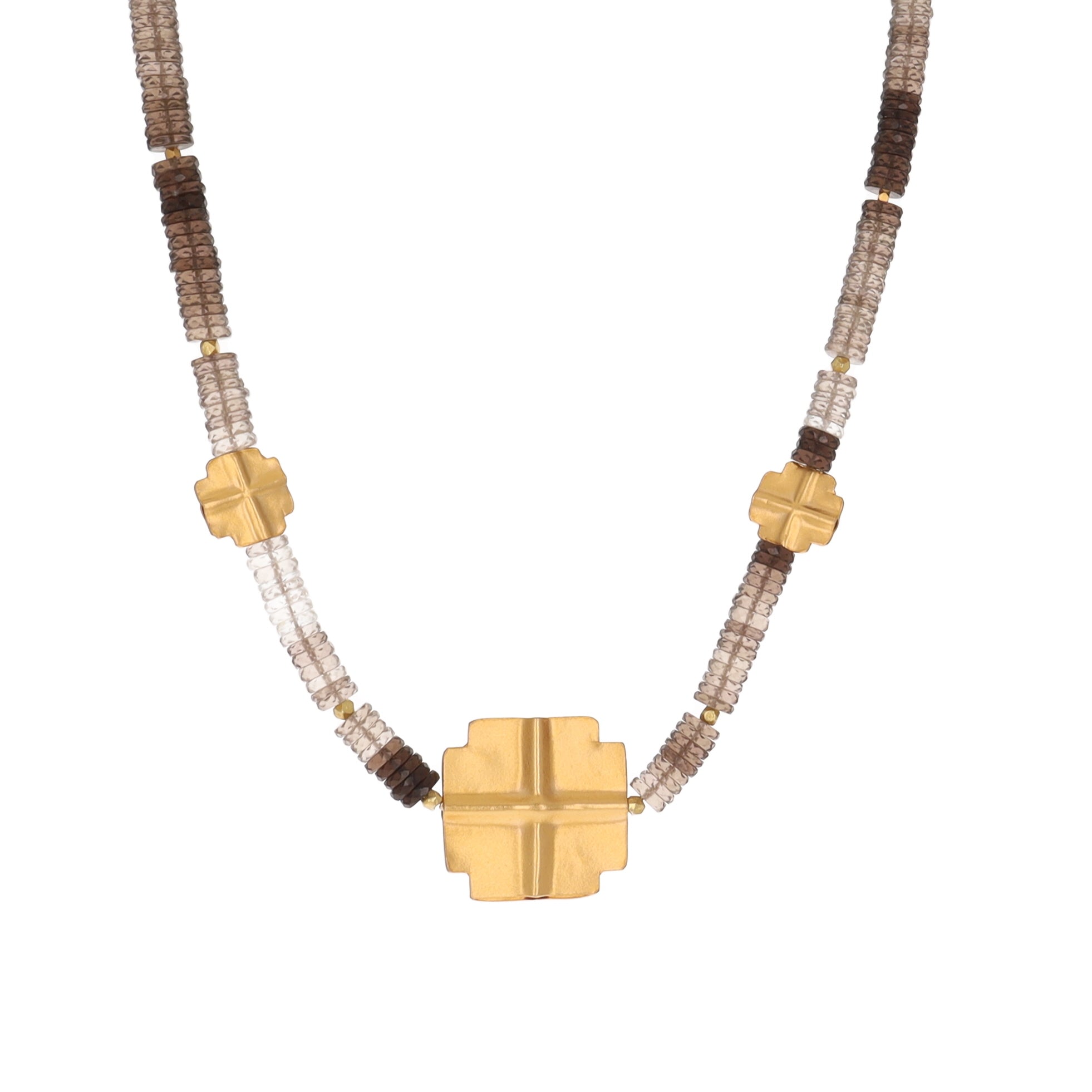 Ombre smokey quartz necklace with Satin Gold Crosses