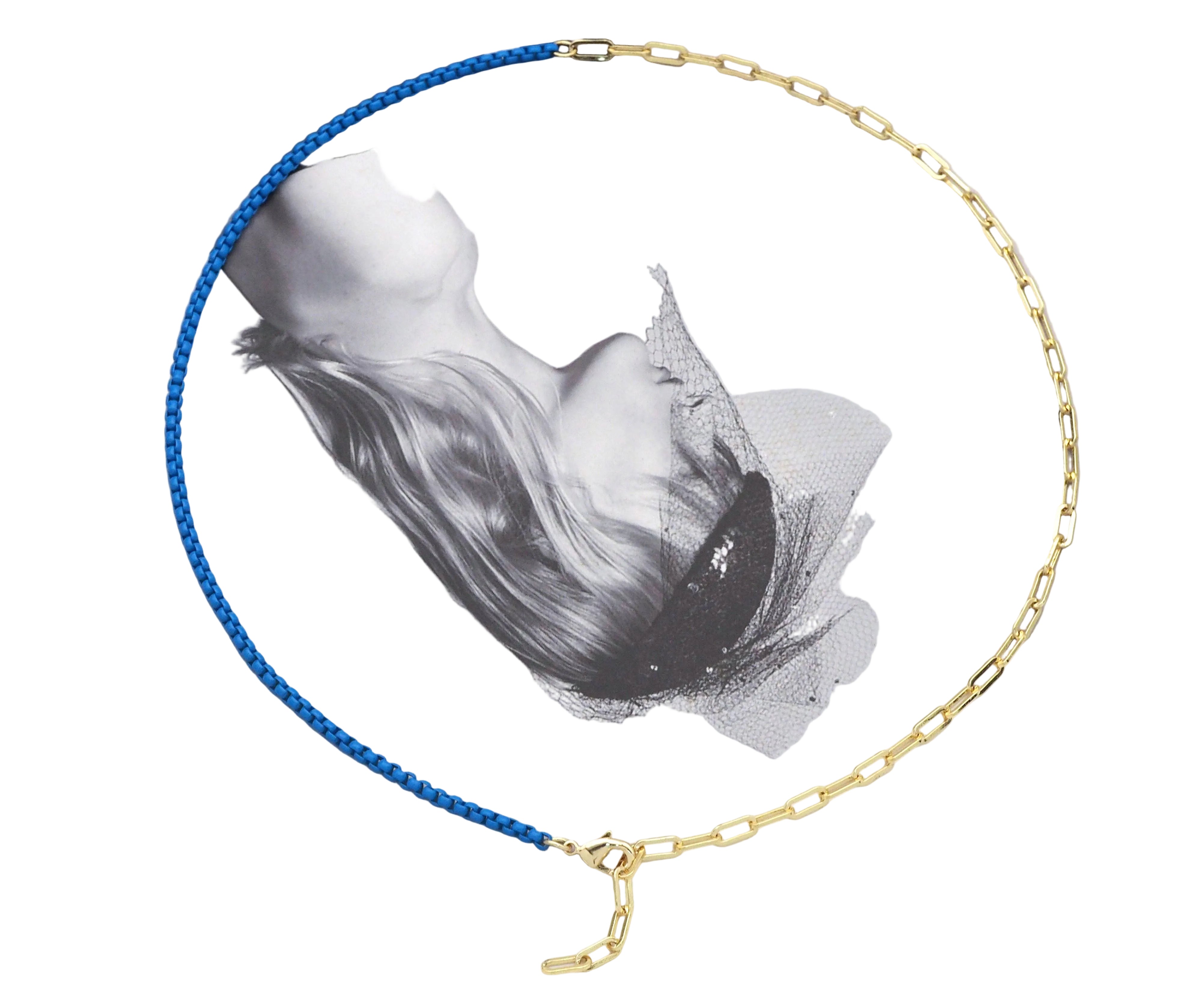 Gold Paperclip Colorful Enamel Box chain Necklace,  1 Bright blue