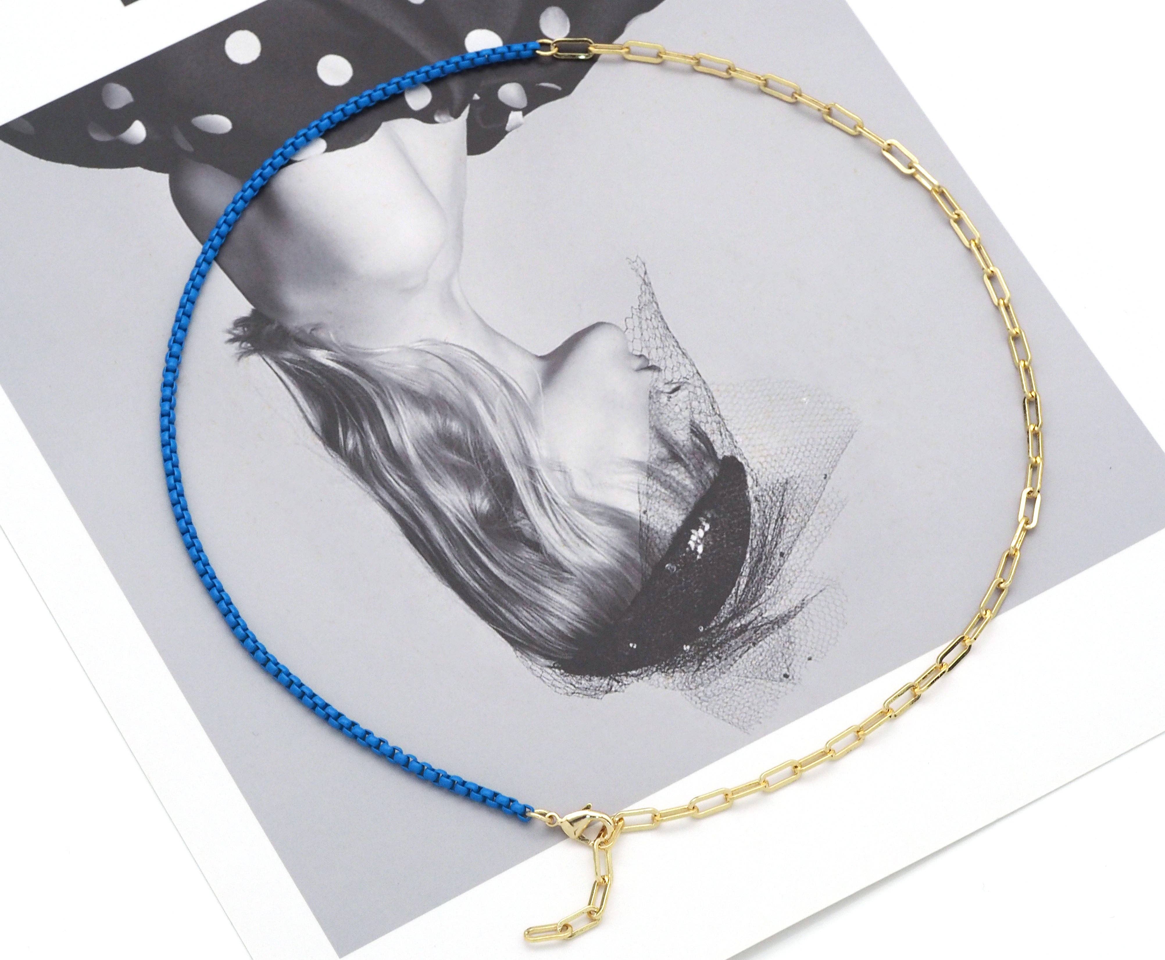 Gold Paperclip Colorful Enamel Box chain Necklace, sku#EF195: 14 Seafoam light Blue