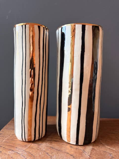 XL Handmade Ceramic Heirloom Stripe  Vase 22K Gold Accents