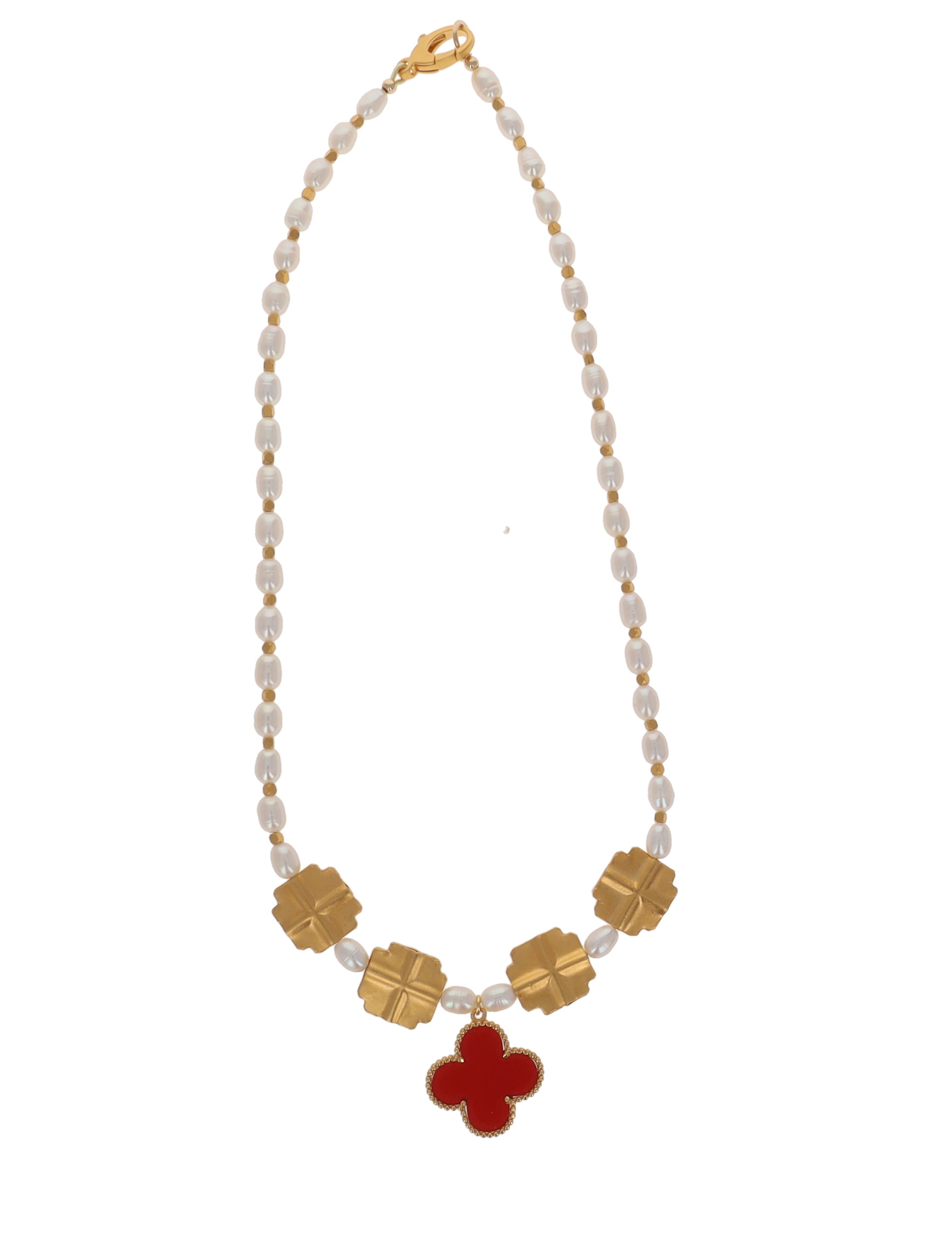Carnelian Red Charm with Pearls Necklace