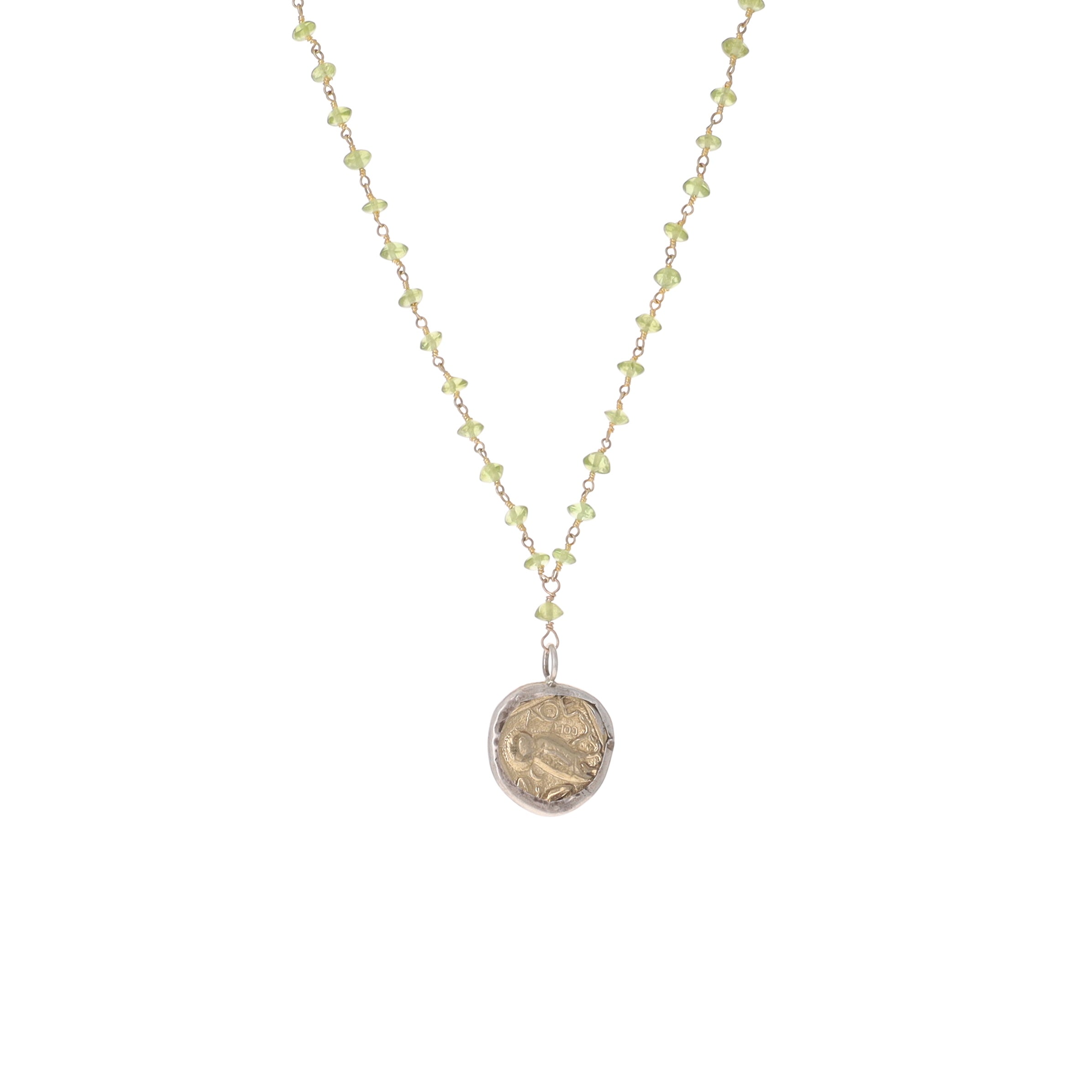 Owl Coin Charm Necklace on Peridot