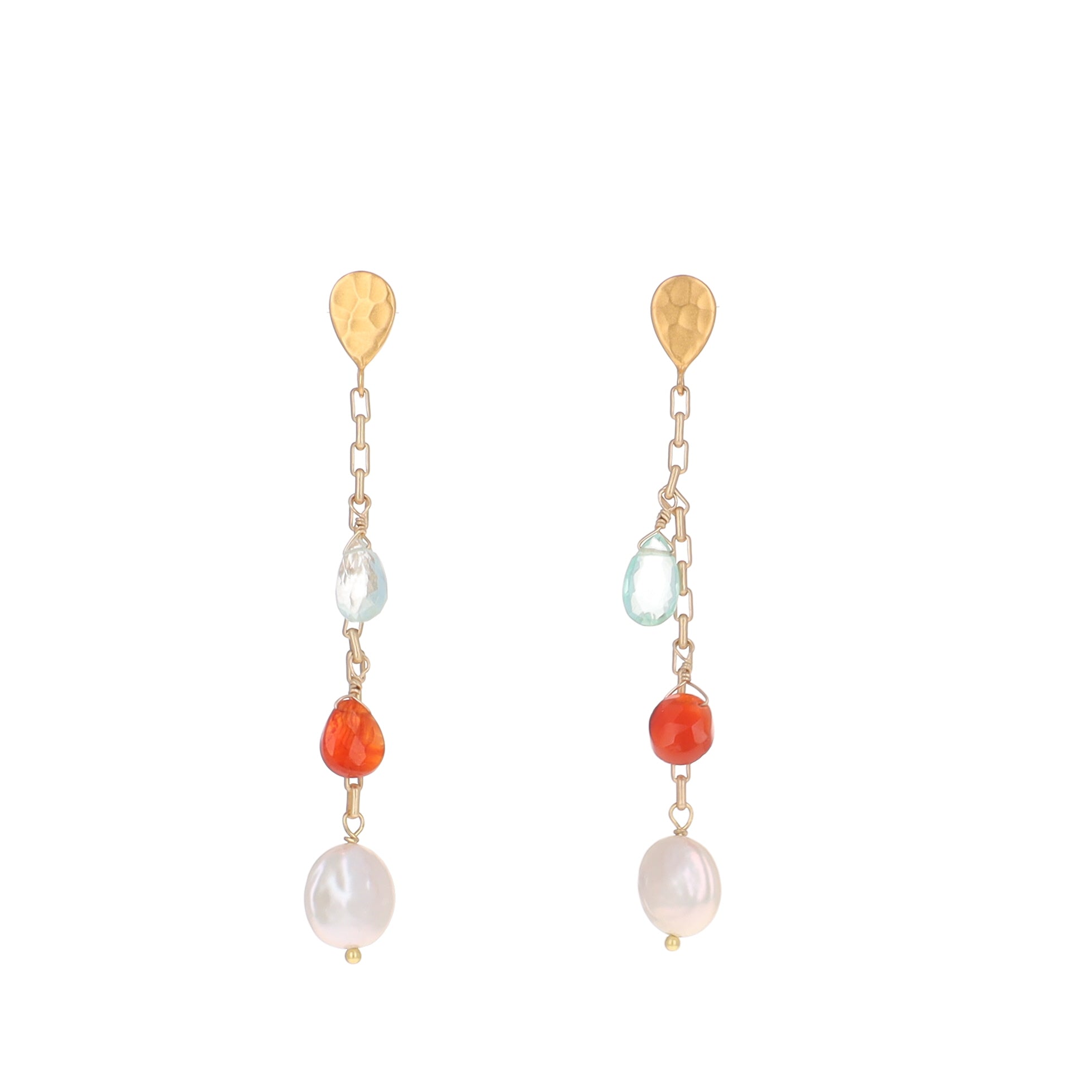 Carnelian,Aquamarine and Pearl Drop Earrings