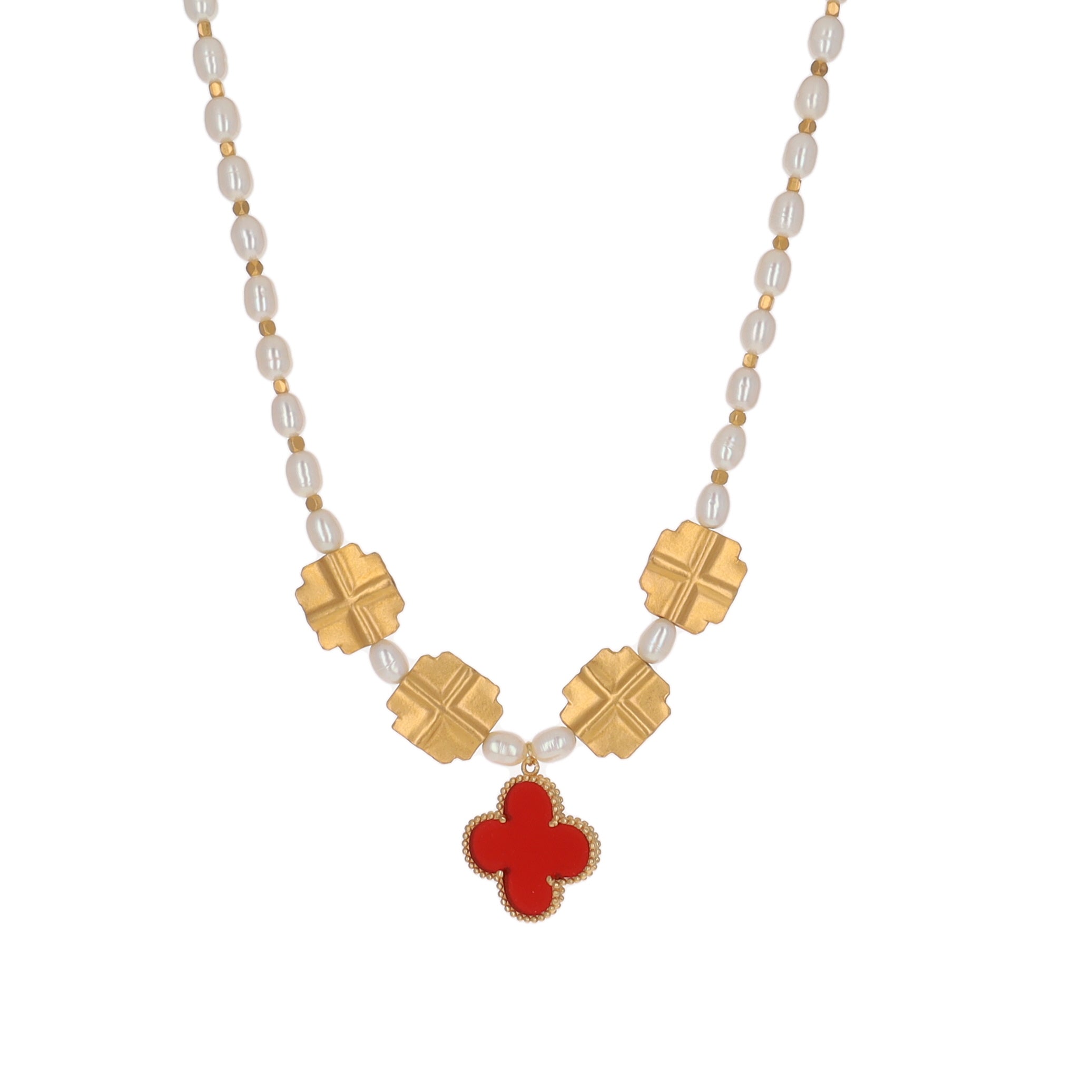 Carnelian Red Charm with Pearls Necklace