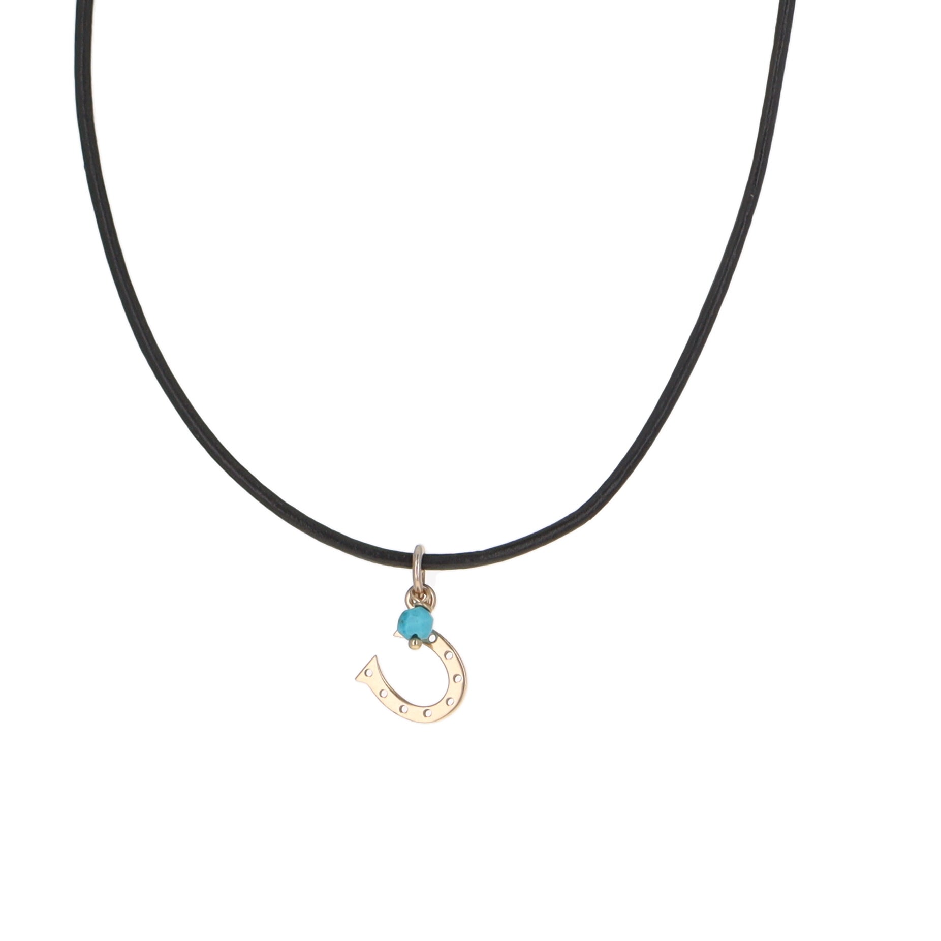Gold Horseshoe  Black Leather Necklace with turquoise charm