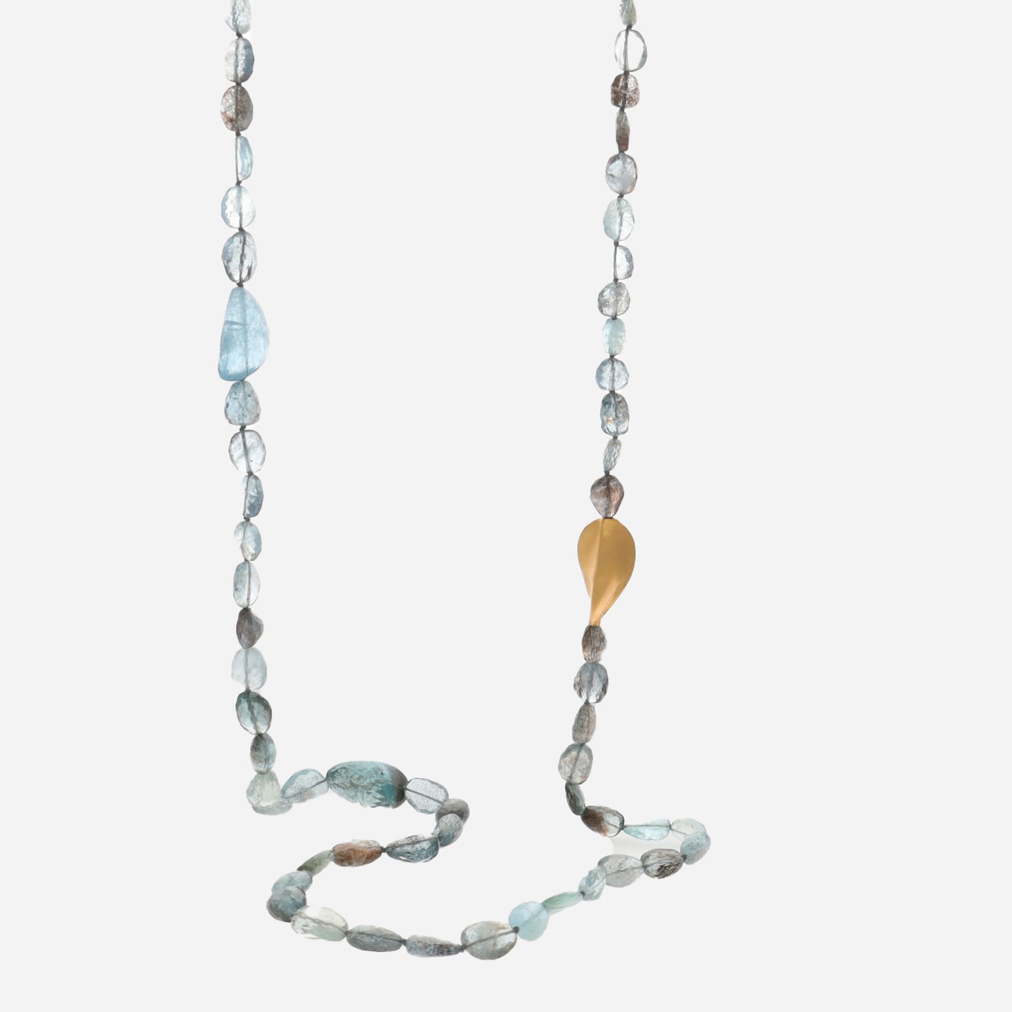 Extra Long Moss Aqua Marine Necklace with 18K Gold Vermeil Feather