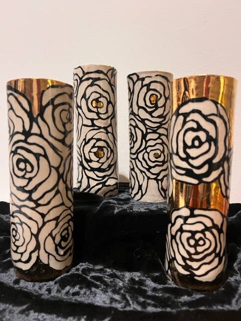 Handmade Ceramic Floral Med Cylinder Vase w/ 22K Gold Accent