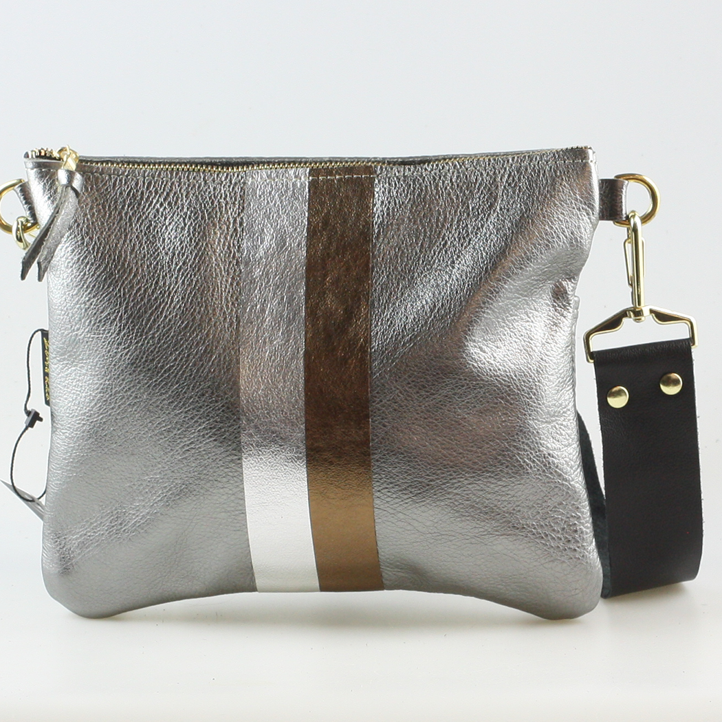 The METALLIC Stripe Taylor: Jet: Layered stripe Gunmetal/Pewter / Unlined / 9"x7.5