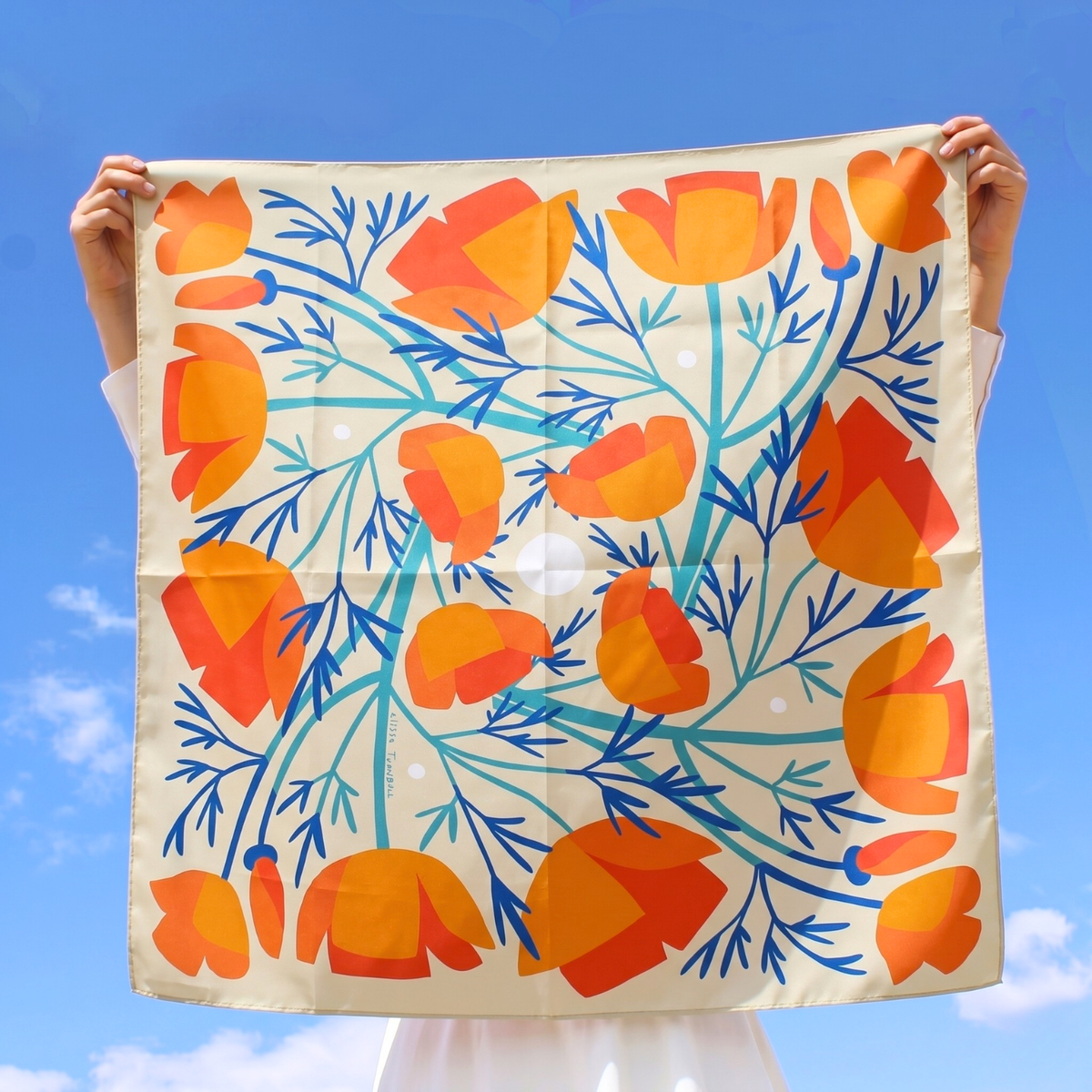 California Poppies Scarf | Silk Scarf | Women's Bandana: 26" x 26"