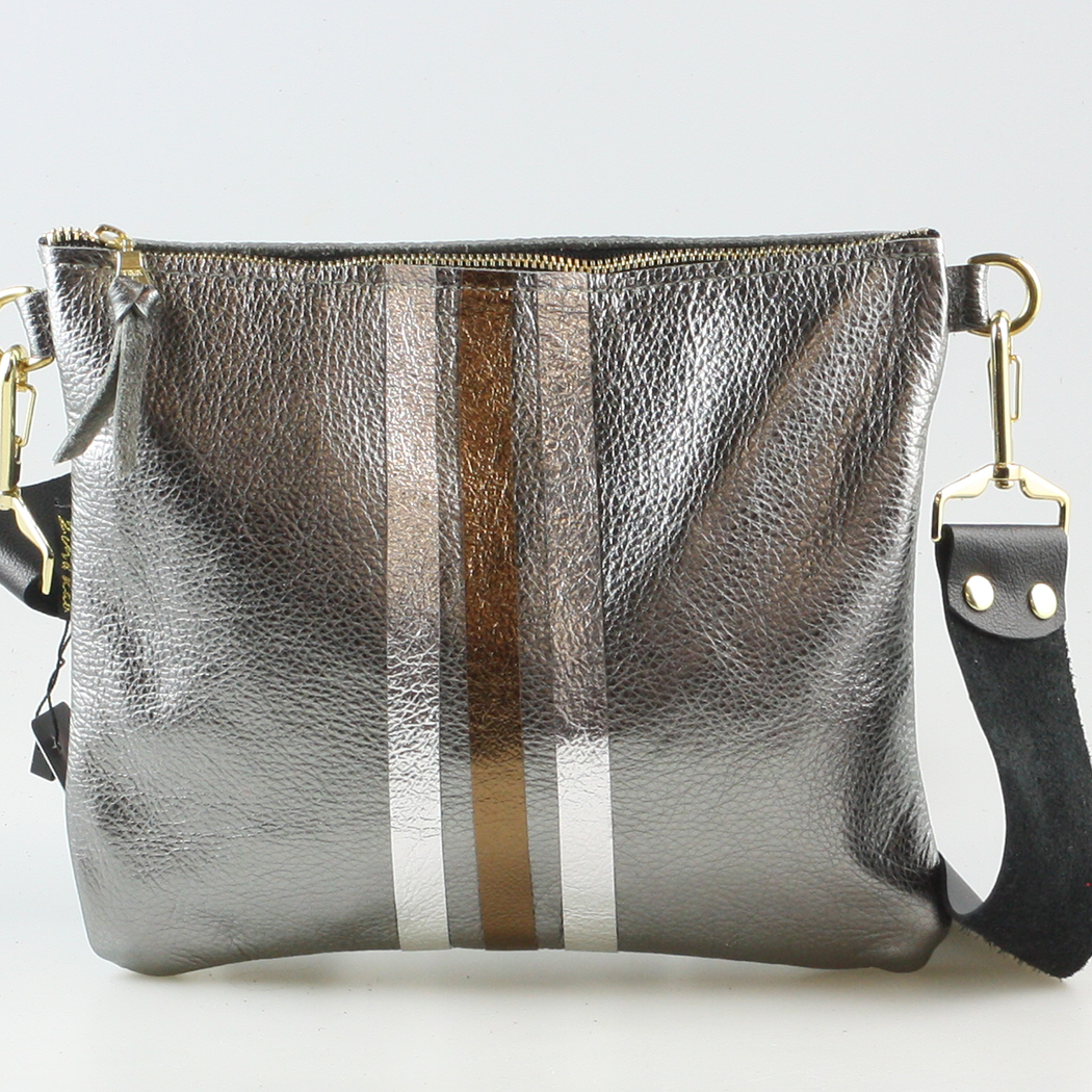 The METALLIC Stripe Taylor: Jet: Layered stripe Gunmetal/Pewter / Unlined / 9"x7.5