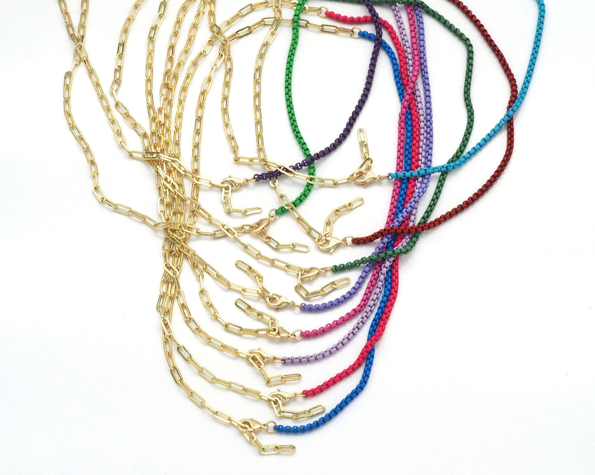 Gold Paperclip Colorful Enamel Box chain Necklace, sku#EF195: 14 Seafoam light Blue