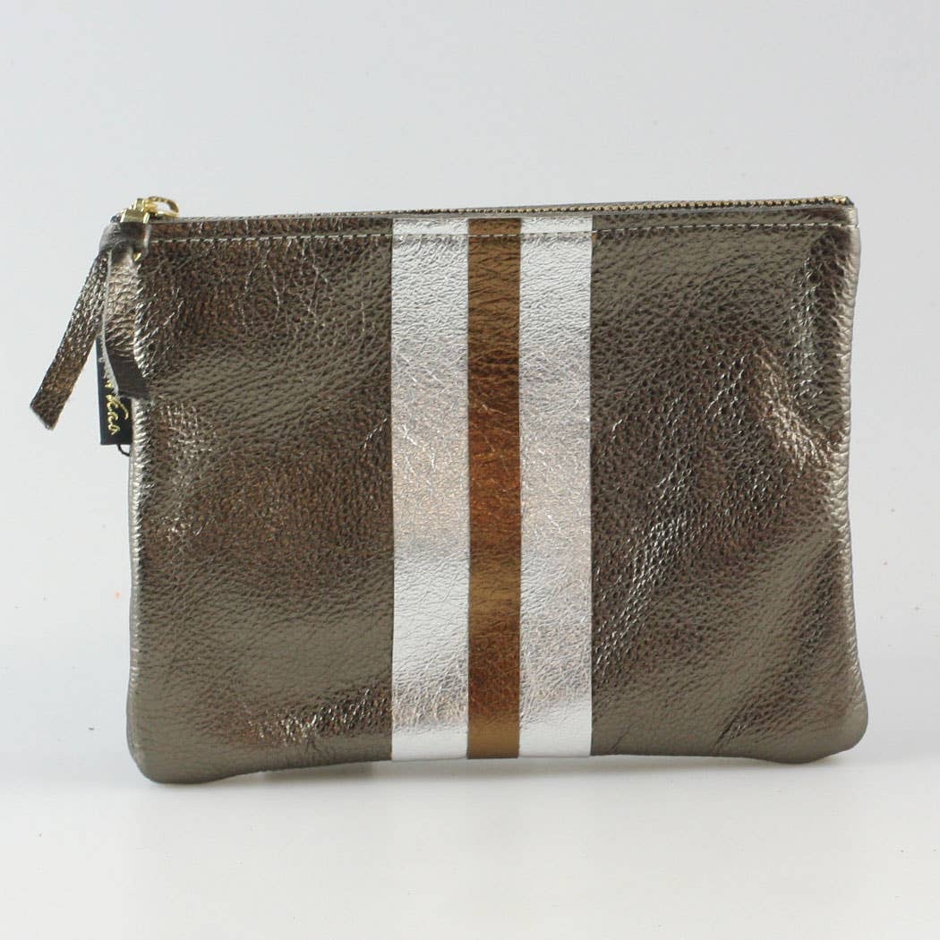 The Stripe Everyday Pouch - FALL colors and 2 sizes!: Jet with 2 stripes: Platinum/Gold / Carter: 9"x6.5"