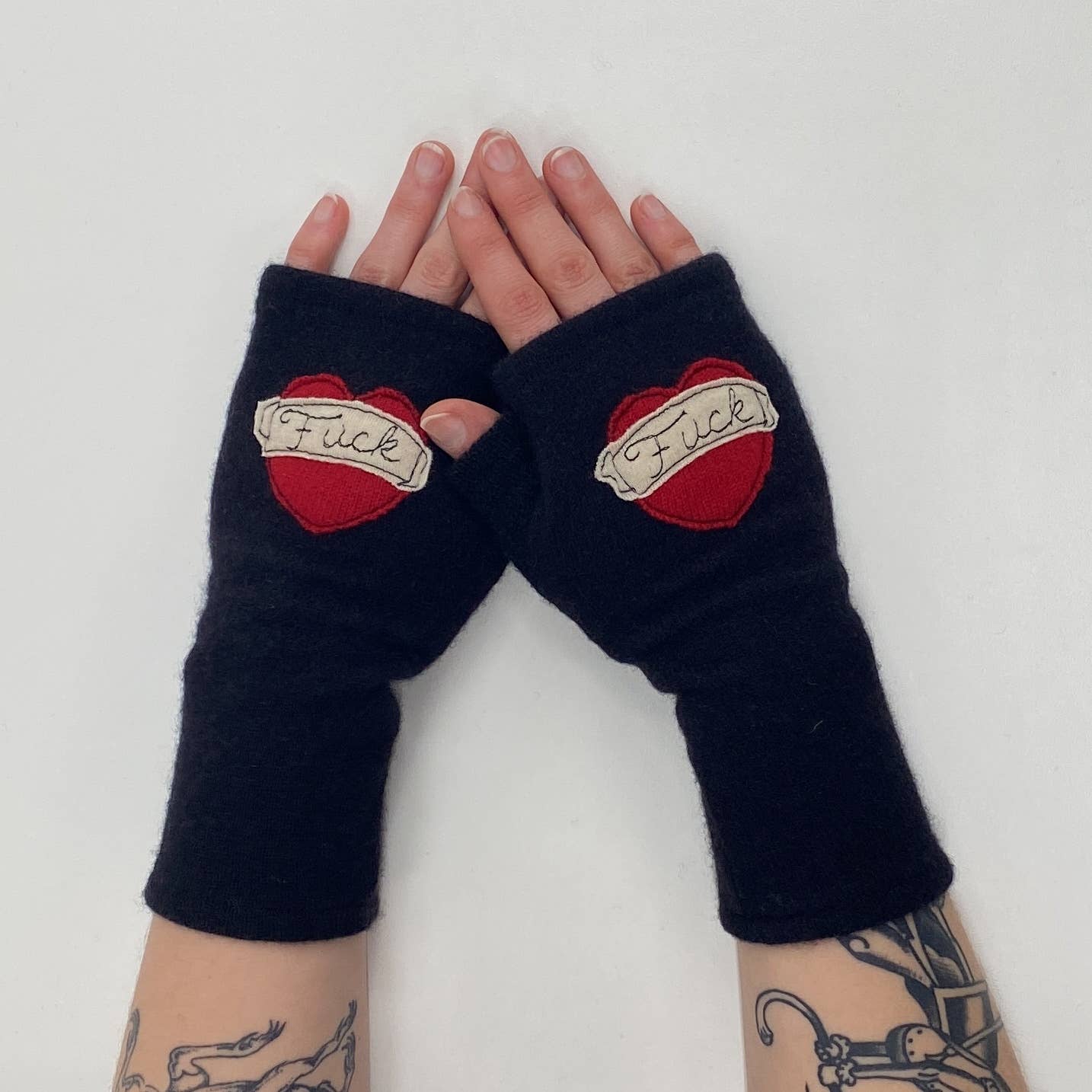 Fingerless Cashmere Gloves-Tattoo Heart Fuck