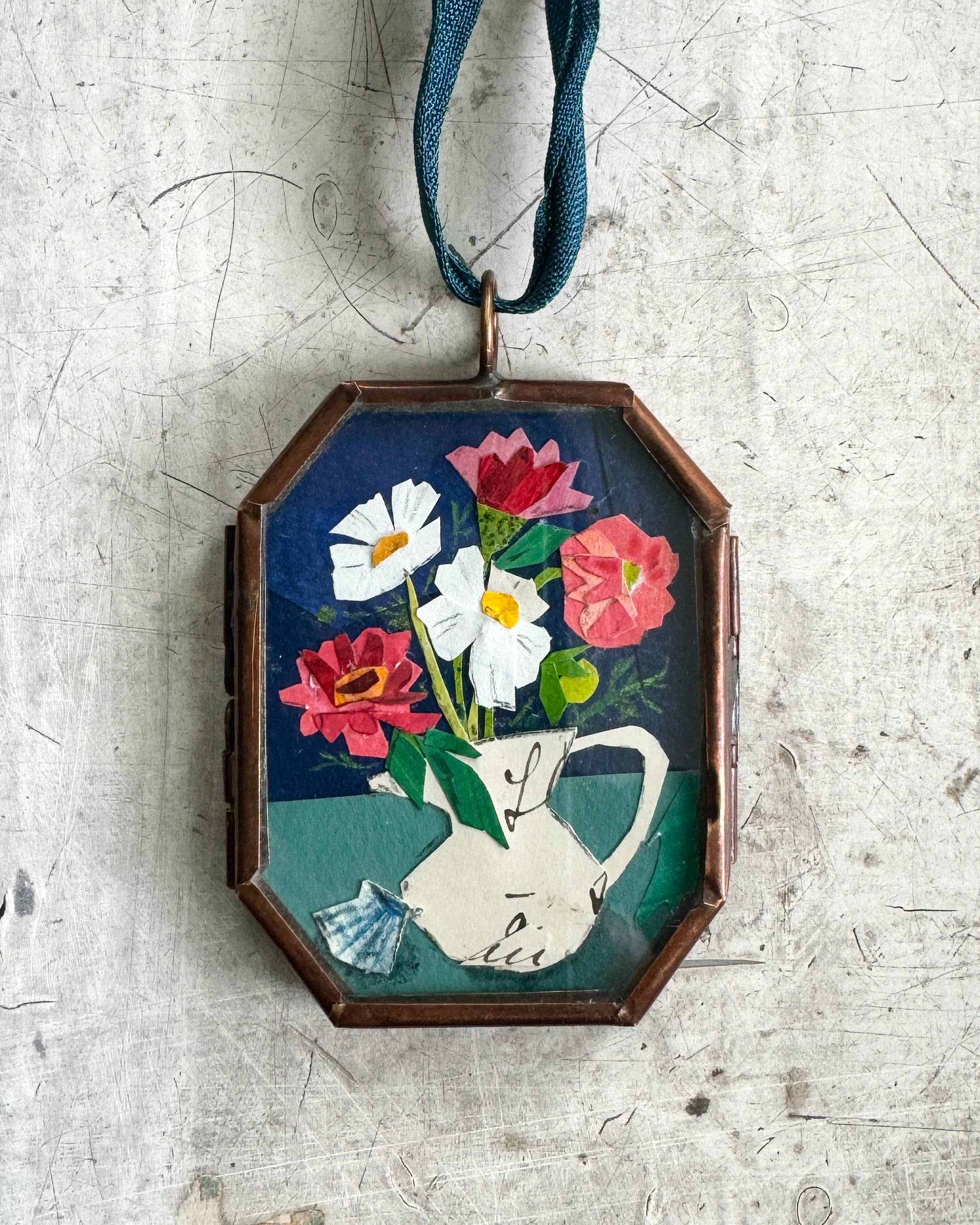 Zinnia & Shell ~ Art Locket Floral Vintage Ornament Handmade