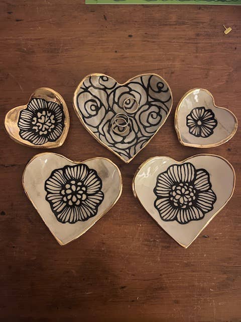 Handmade Heart-Shaped Floral & Gold Catchall Jewelry Dish