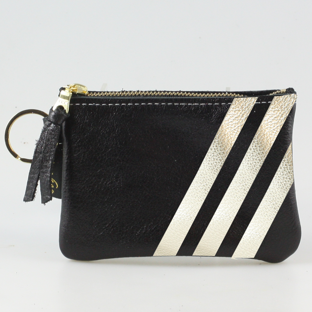 The Kara Wallet: 3 Side Stripes, Jet with Platinum Stripes - Split Ring