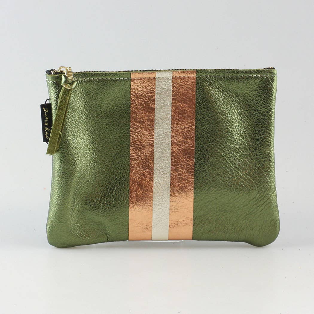 The Stripe Everyday Pouch - FALL colors and 2 sizes!: Moss with Layered Stripe: Copper/Platinum / Carter: 9"x6.5"