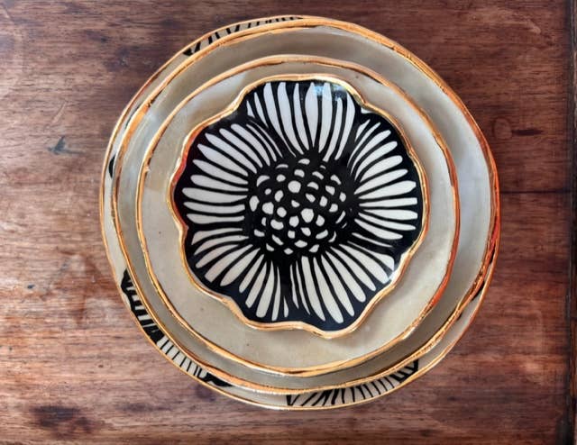 7" Handmade Floral Round Ceramic Dish with 22K Gold Accents