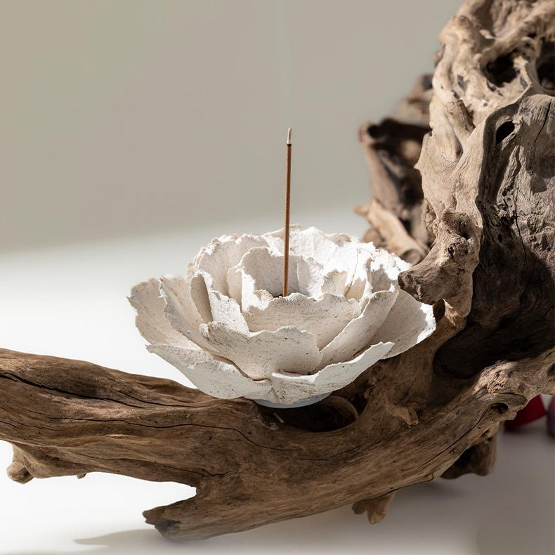Hand Sculpted Ceramic Peony Flower Incense Holder: Cream
