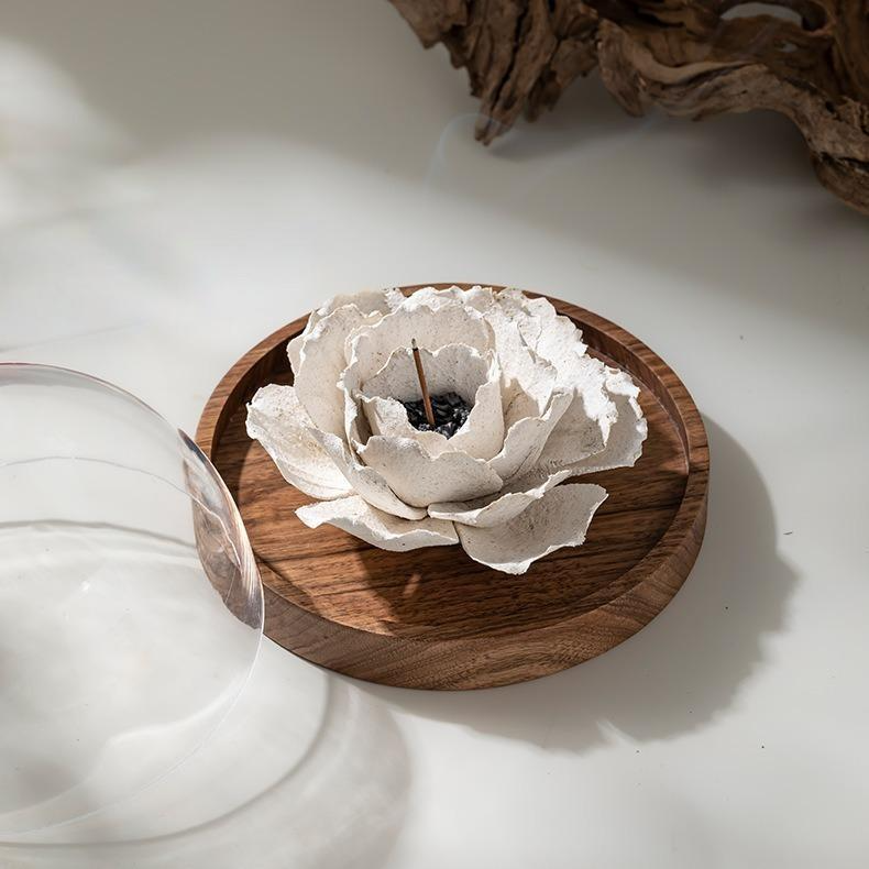 Hand Sculpted Ceramic Peony Flower Incense Holder: Cream