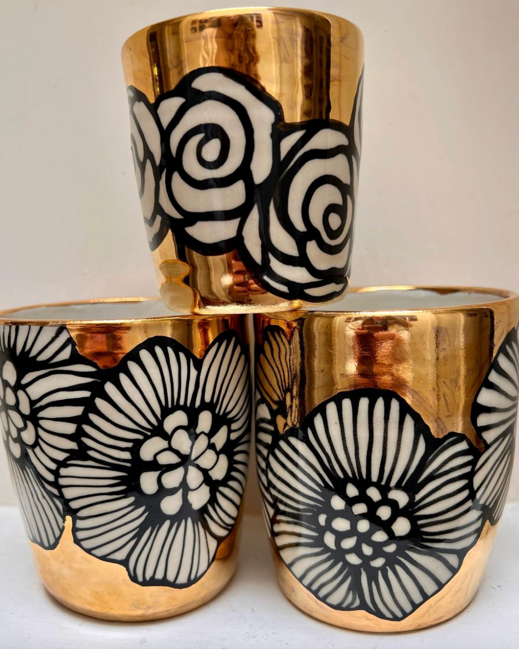 Handmade Floral Ceramic Vase or Tumbler Mostly 22K Gold