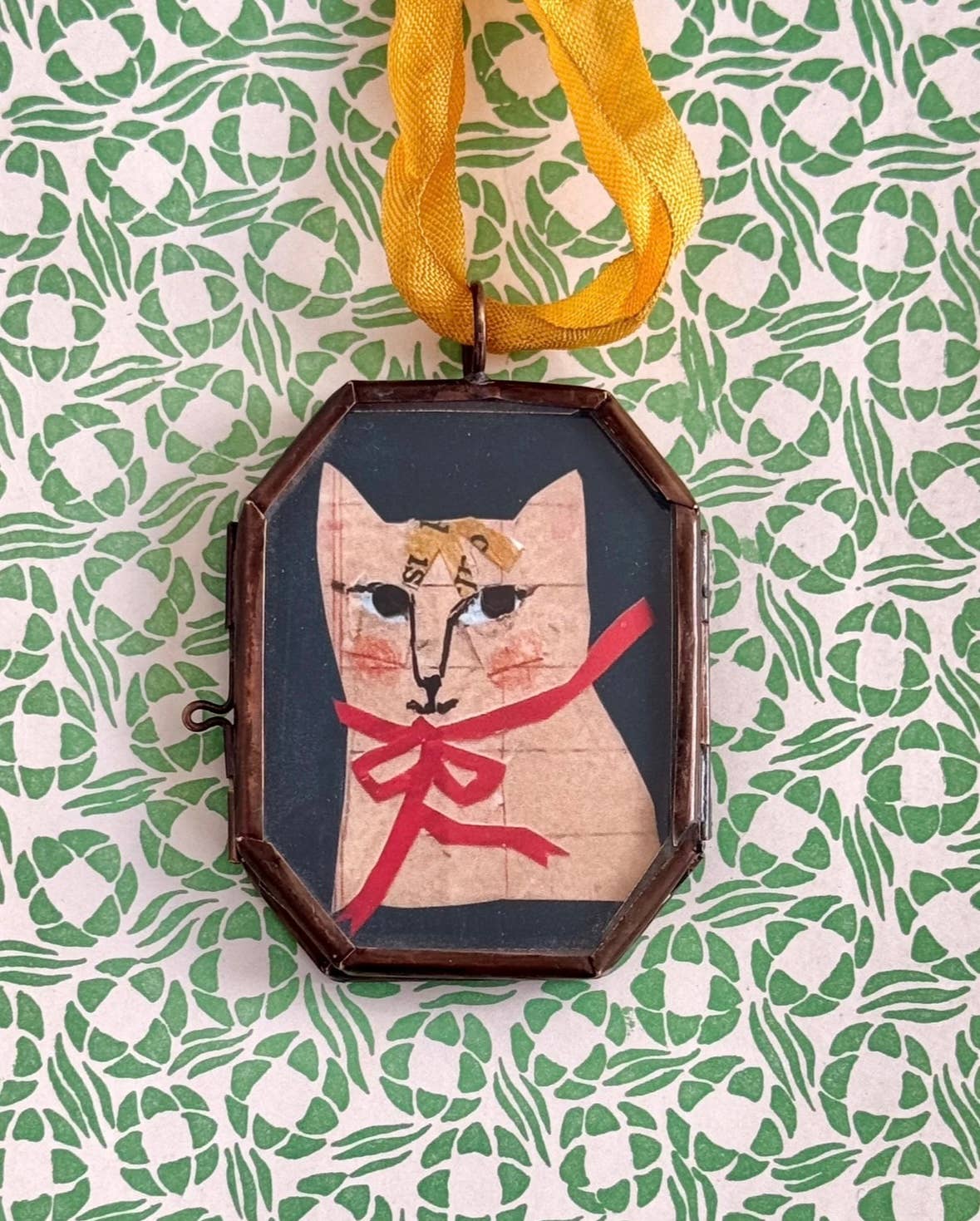 Mona Kitty ~ Art Locket Cat Vintage Ornament Handmade 