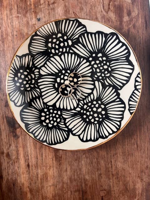7" Handmade Floral Round Ceramic Dish with 22K Gold Accents
