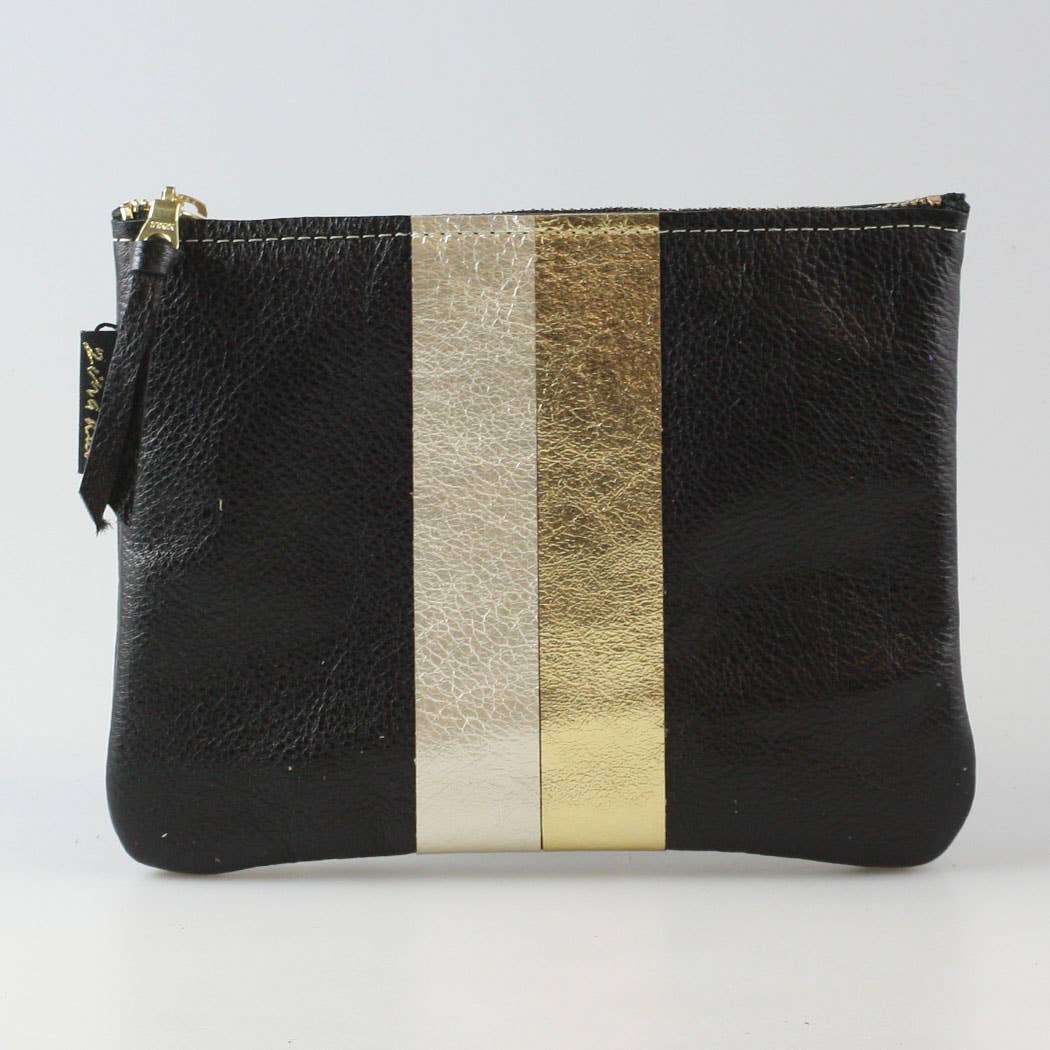 The Stripe Everyday Pouch - FALL colors and 2 sizes!: Jet with 2 stripes: Platinum/Gold / Carter: 9"x6.5"