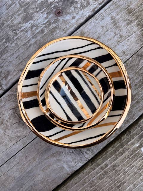 5" Handmade Heirloom Stripe Ceramic Jewelry Dish 22K Gold