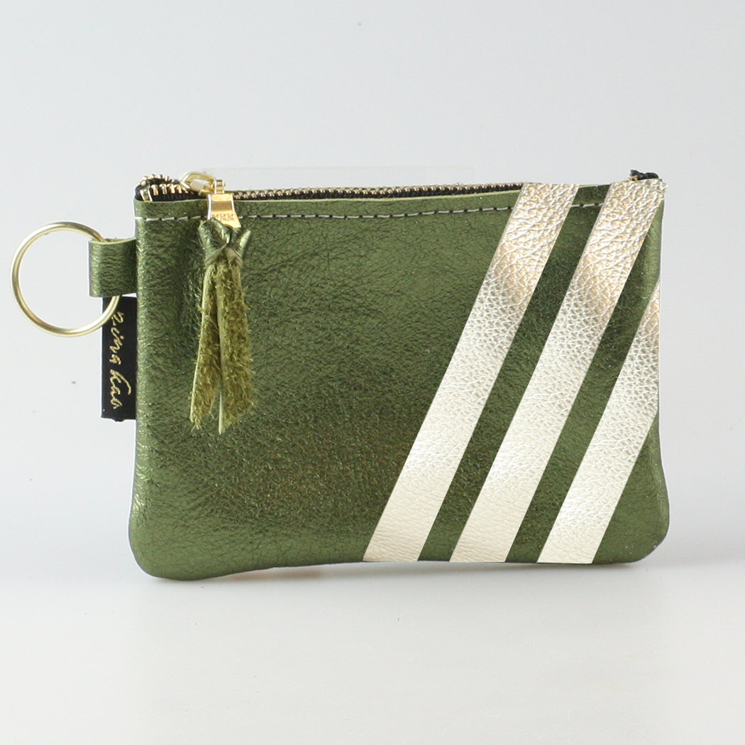 The Kara Wallet: 3 Side Stripes, Moss with Platinum Stripes - Split Ring