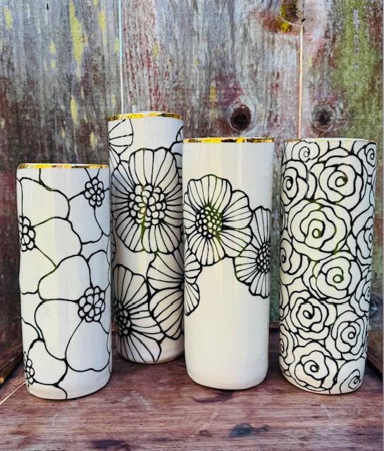 Handmade Ceramic Floral Tall & Wide Vase with 22K Gold